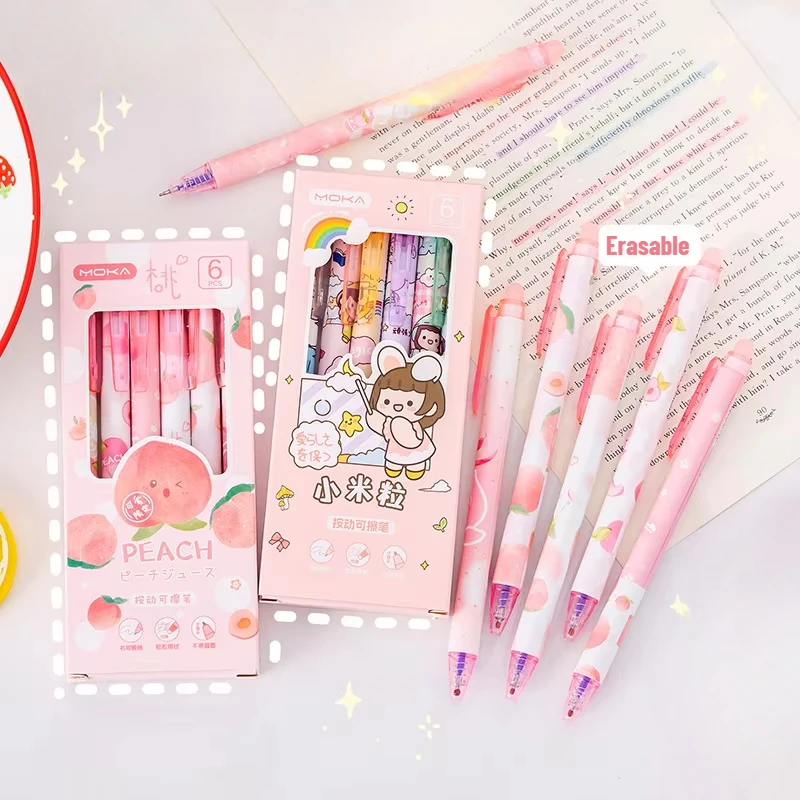 6Pcs/box Cute Cartoon Erasable Gel Pen with Eraser 0.5mm Blue Ink Note Exercises Pen Kawaii Student Stationery Back To School