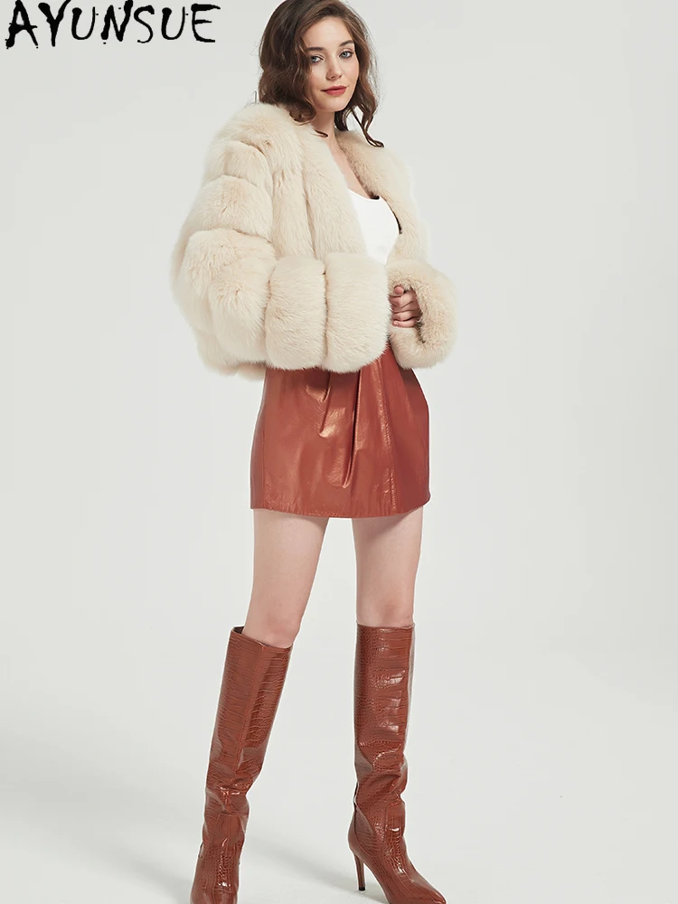 Płaszcz damski z naturalnego futra lisa AYUNSUE, cały z futra lisa, zimowe ciepłe płaszcze damskie z prawdziwego futra, nowość w kategorii płaszczy, krótki fason, Casaco Feminino