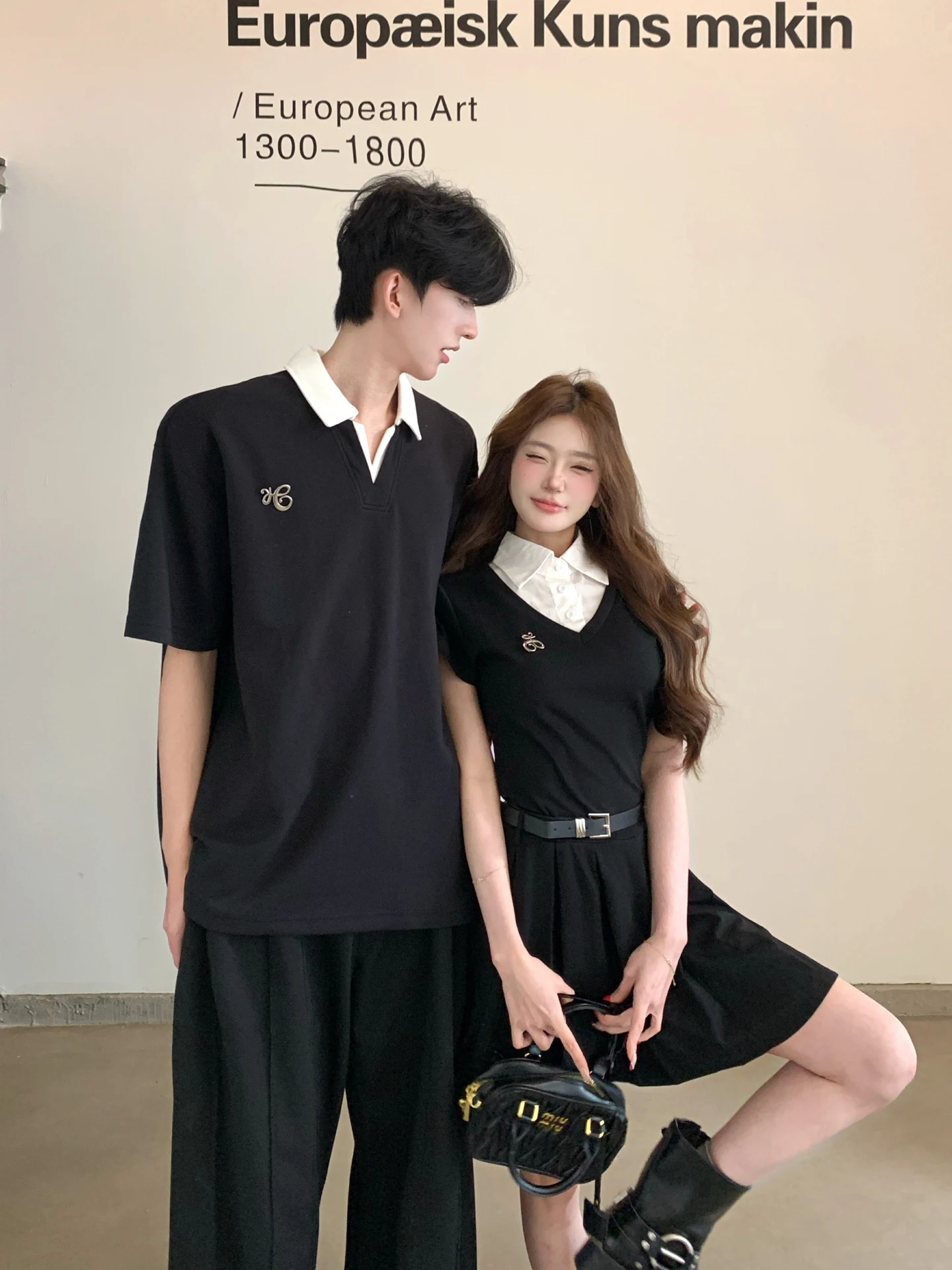 American College Style Couple Matching Summer Short Sleeve  Neck T-Shirt Waist Slimming Dress One Skirt One Dress