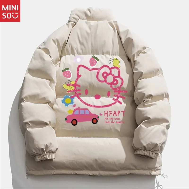 سترة منتفخة من Miniso Hello Kitty، معطف شتوي بياقة واقفة مع سحاب