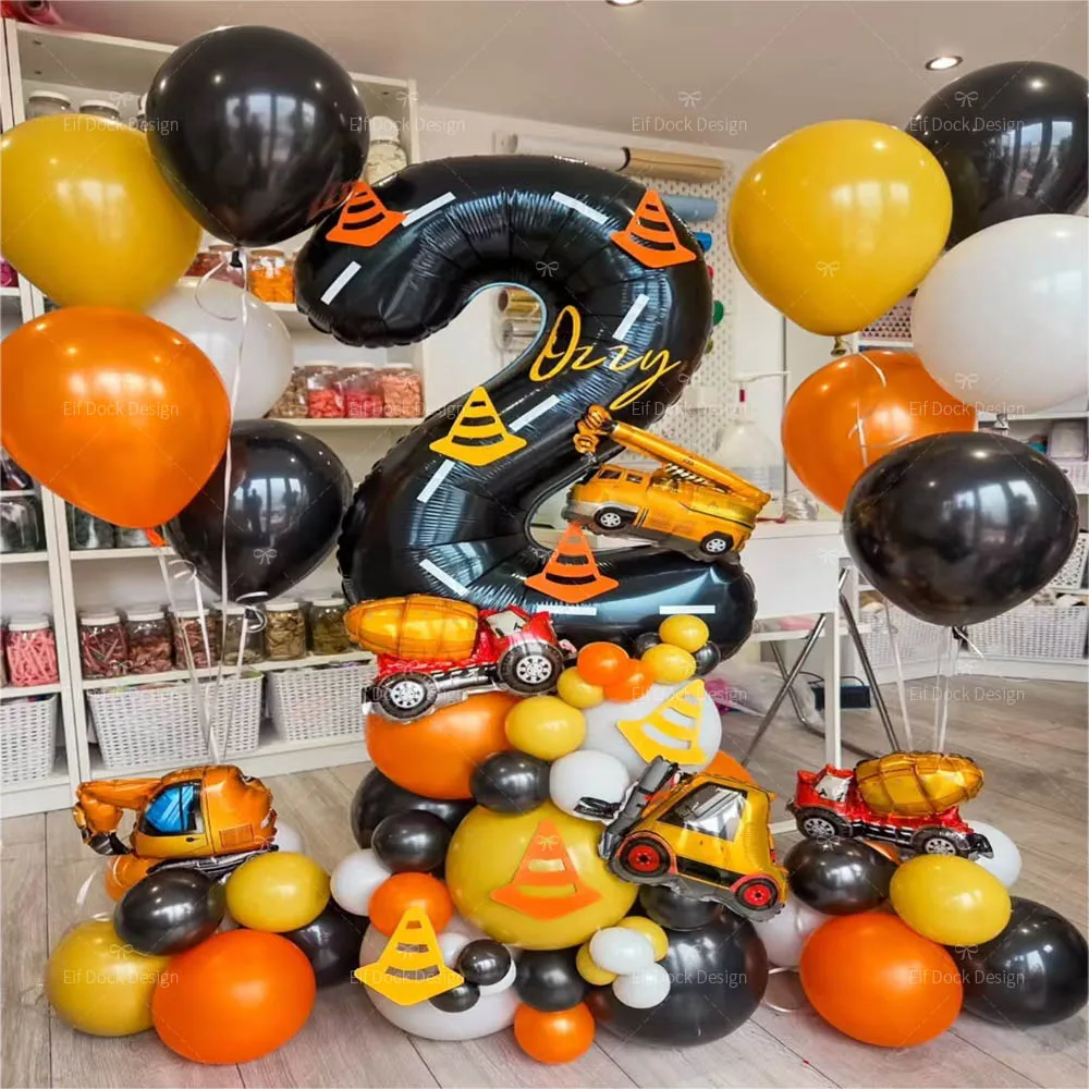 69-teiliges Bagger-Gabelstapler-Kran-Ballon-Set mit Schwarzen Linien und Zahlen 1-9 für Jungen-Geburtstagsparty-Dekoration im Baufahrzeug- und Bauthema