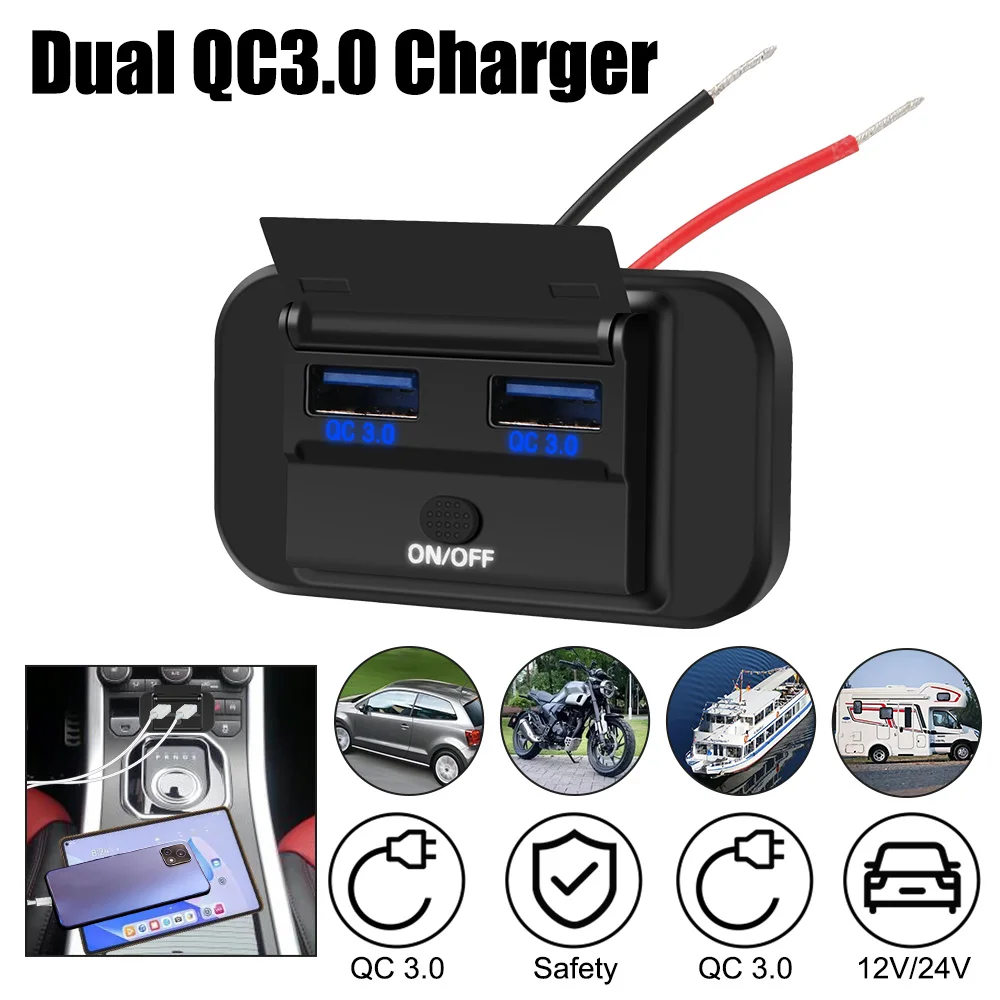 Socket Adapter Dual USB Car Charger For Motorcycle Camper Truck ATV Boat Car RV Outlet Socket 12V/24V Dual QC3.0 Charger