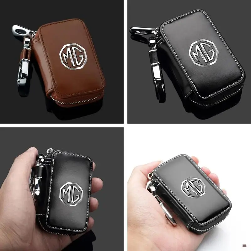 MG Special Genuine Leather Key Pouch Fit ZS EV HS GT One, Zipper Car Remote Key Protective Bag With Metal Key Hook Keyring