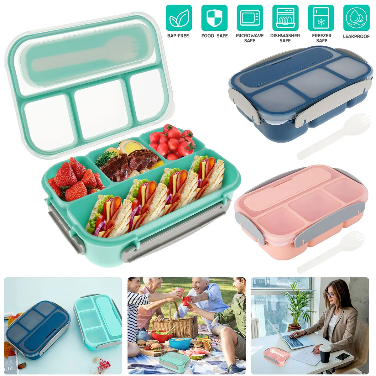 Caja Bento sellada a prueba de fugas, contenedor de comida portátil, 4 compartimentos, 1300ML, para casa, oficina, escuela y Camping