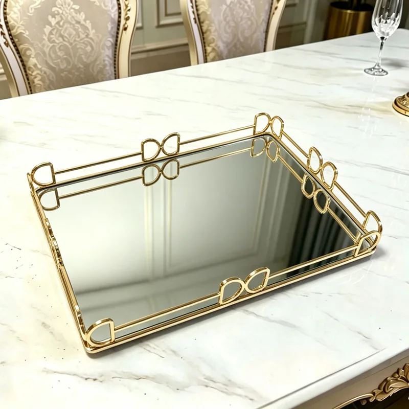 Luxury Gold Mirror Storage Tray Rectangle Glass Metal Jewelry Tray Large Capacity Square Makeup Snack Tray Tea Decoration view 2
