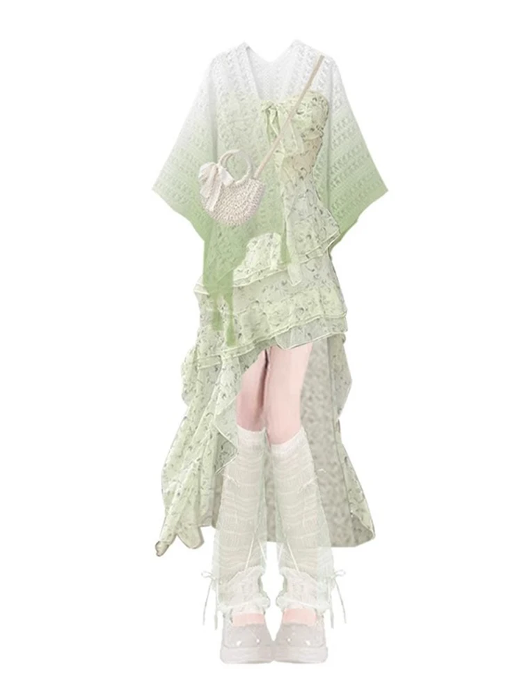 Ensemble deux pièces imprimé Floral pour femmes, doux, bretelles amincissantes, jupe Dr, Robe trapèze légère, été