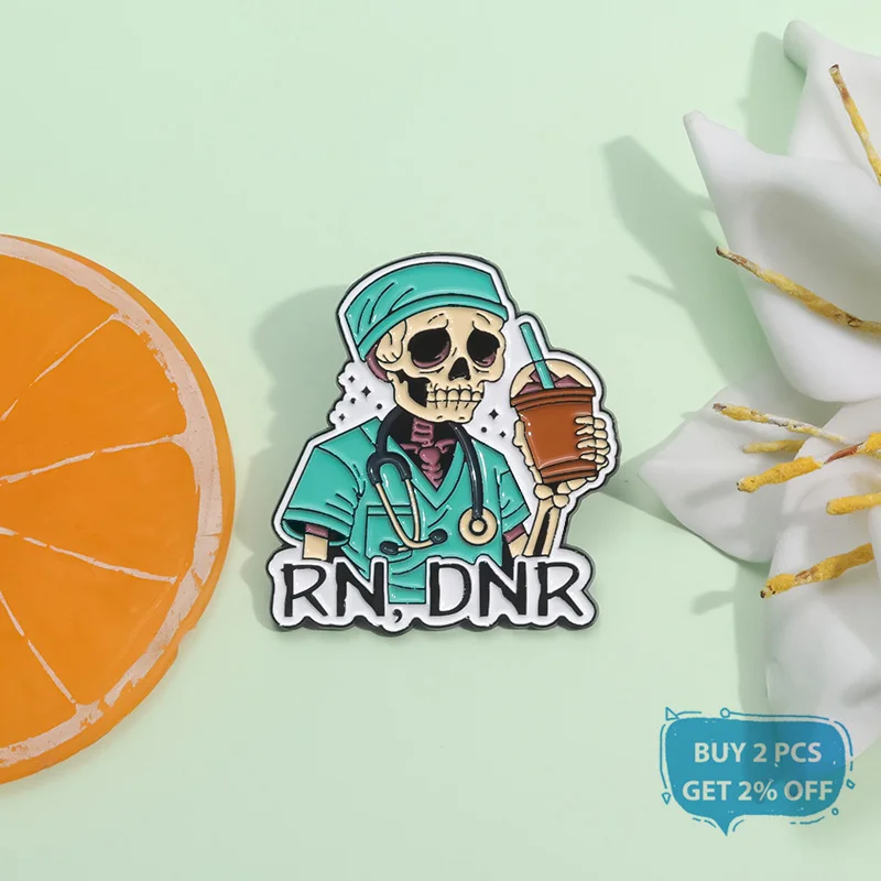 RN,DNR Medical Directive Enamel Pin Custom Skeleton Doctor Surgical Gown Stethoscope Brooch Lapel Badge Jewelry Gift for Friends