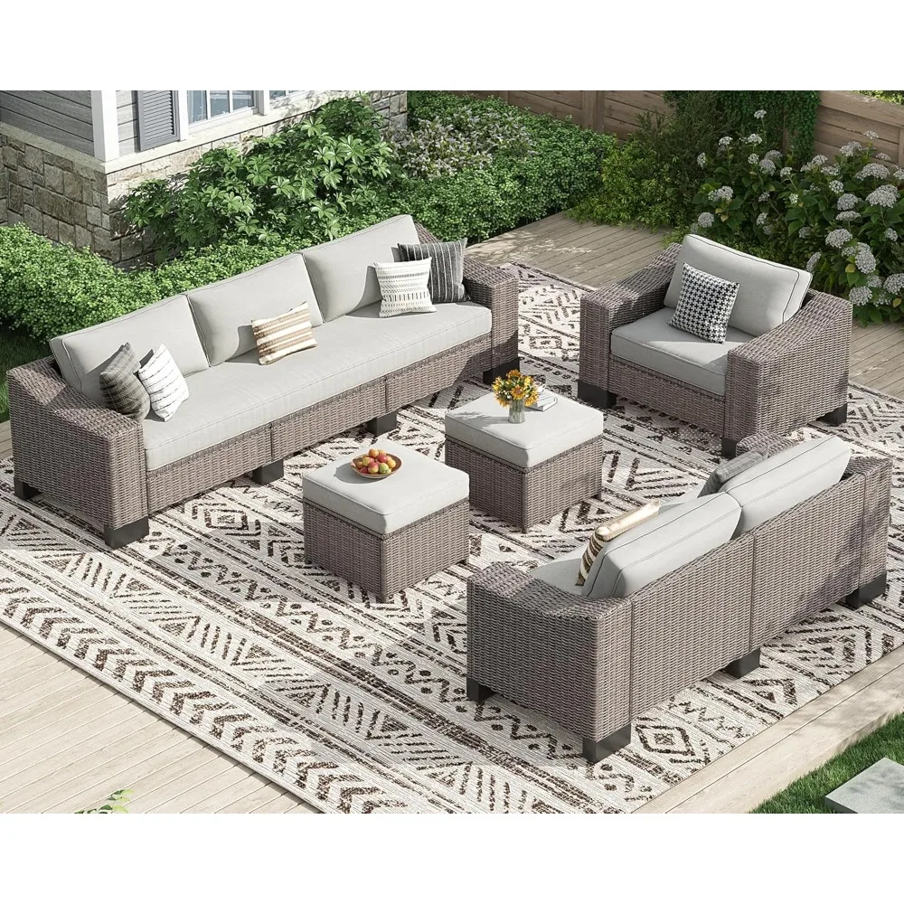 

Patio Furniture Set, 8 Piece All-Weather PE Wicker Sectional Sofa with 5.9" Wide Armrest, Waterproof Cushions & Ottomans with Mo