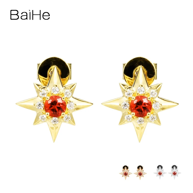 

BAIHE Solid 14K Yellow Gold Natural Ruby Diamond Star Earrings Women Men Wedding Band Fine Jewelry Making Pendientes Estrella