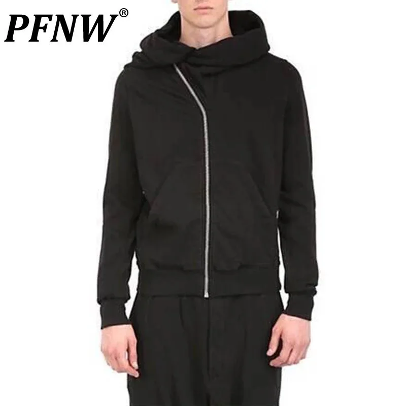 PFNW Dark Style Men\'s Hoodies Irregulari Zipper Pocket Design Sweatshirt Solid Color Loose Male Clothing Cloak Autumn New 12C461