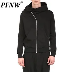 PFNW Dark Style Men's Hoodies Irregulari Zipper Pocket Design Sweatshirt Solid Color Loose Male Clothing Cloak Autumn New 12C461