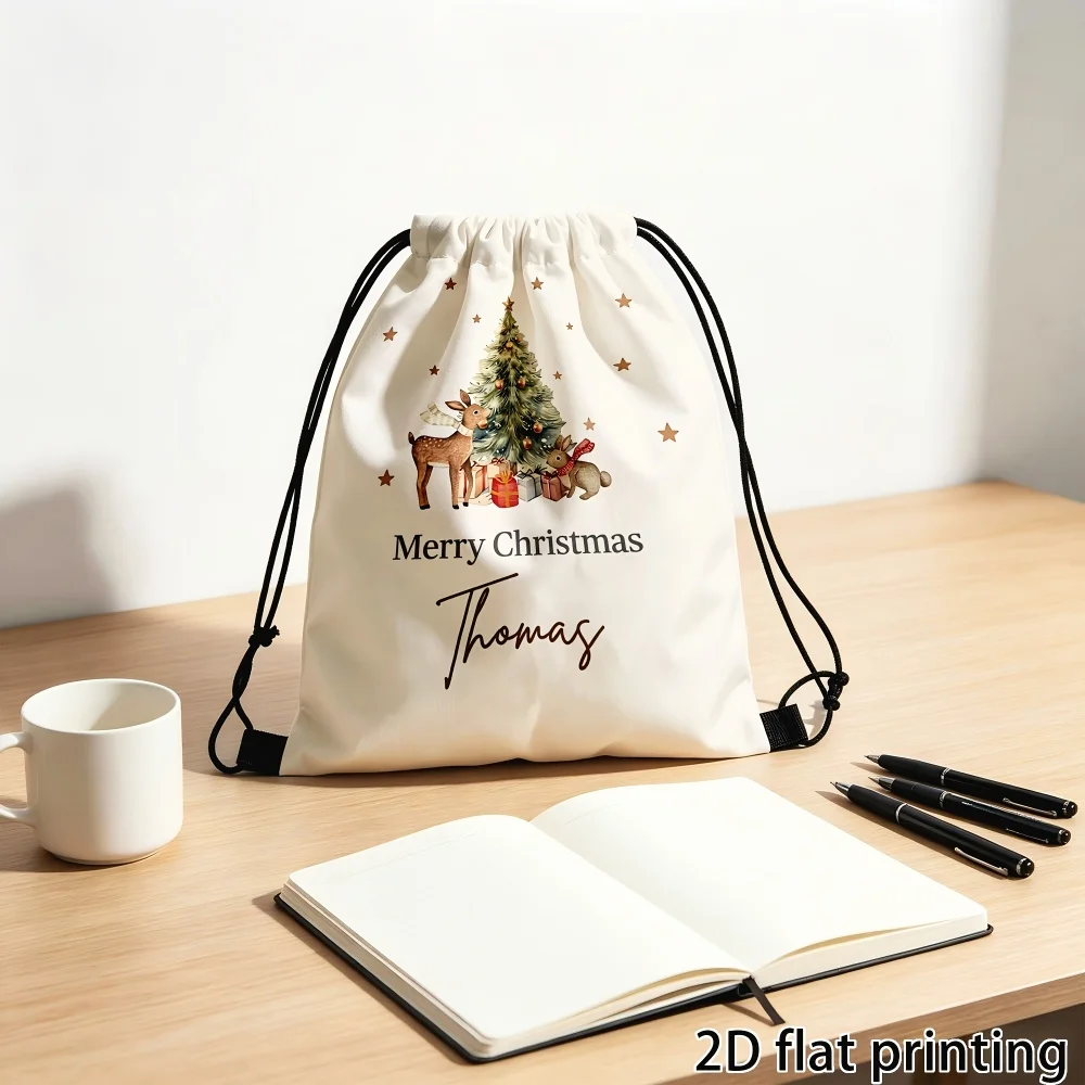 1Pc Christmas Theme Custom Text/Name Drawstring Backpack, Santa Claus Drawstring Closure Design Christmas Gift Storage Pouch