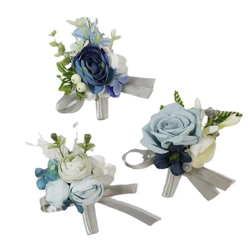 Fleurs Artificielles Bleues Poussiéreuses Boutonnière de Mariage, Corsage de Demoiselle d'Honneur, Accessoires Faits à la Main pour Marié, Épingles de Bracelet