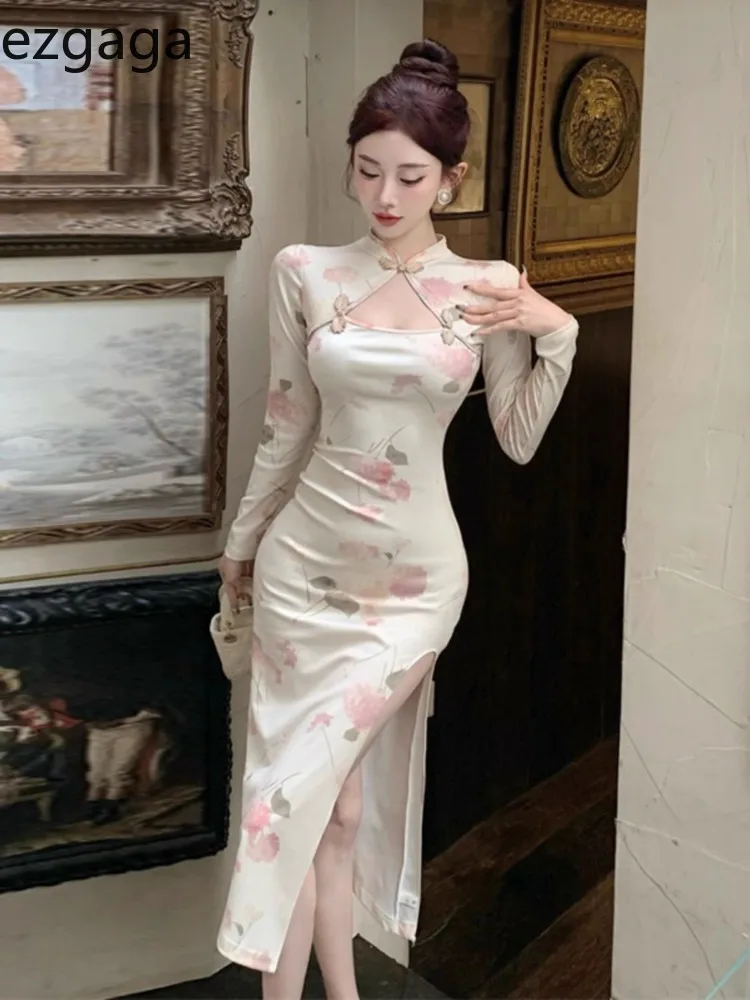 Ezgaga Vintage Dresses Women Floral Printed Stand Collar Long Sleeve Hollow Out Slim Split Elegant Dress Ladies Stylish