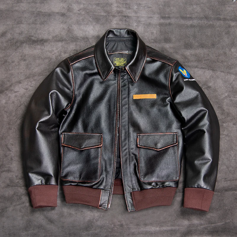 A2 Pilot Leather Jacket Men's Loose Fit Short Coat Spring Autumn Genuine Cowhide Fashion Urban Style Long Sleeve Zipper Closure