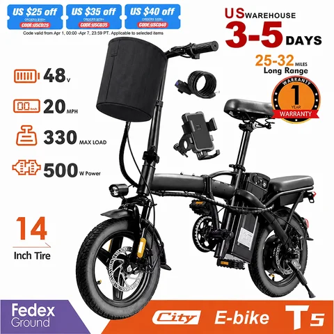 Adult and Adolescent Electric Bicycles, 20MPH, 560W Motor, 48V Detachable Battery, 14 inch Folding Electric Bicycle, Up to 25-32 Miles Long, Commuter Electric Bike