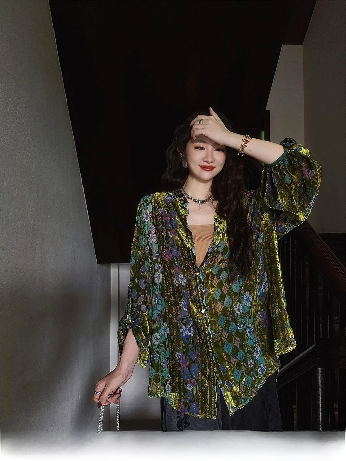 

Sanji Bla Flower Velvet irt Women's Jaet Sle Commute Simple Loose Fit Long Sve Cool Sensation Chinese New Sle