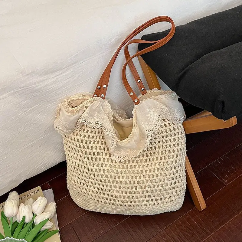 Beige Brown Hollow Crochet Mesh Tote Bag Bohemian Straw Woven Beach Shoulder Bag PU Leather Strap Lace Lining Summer For Girls