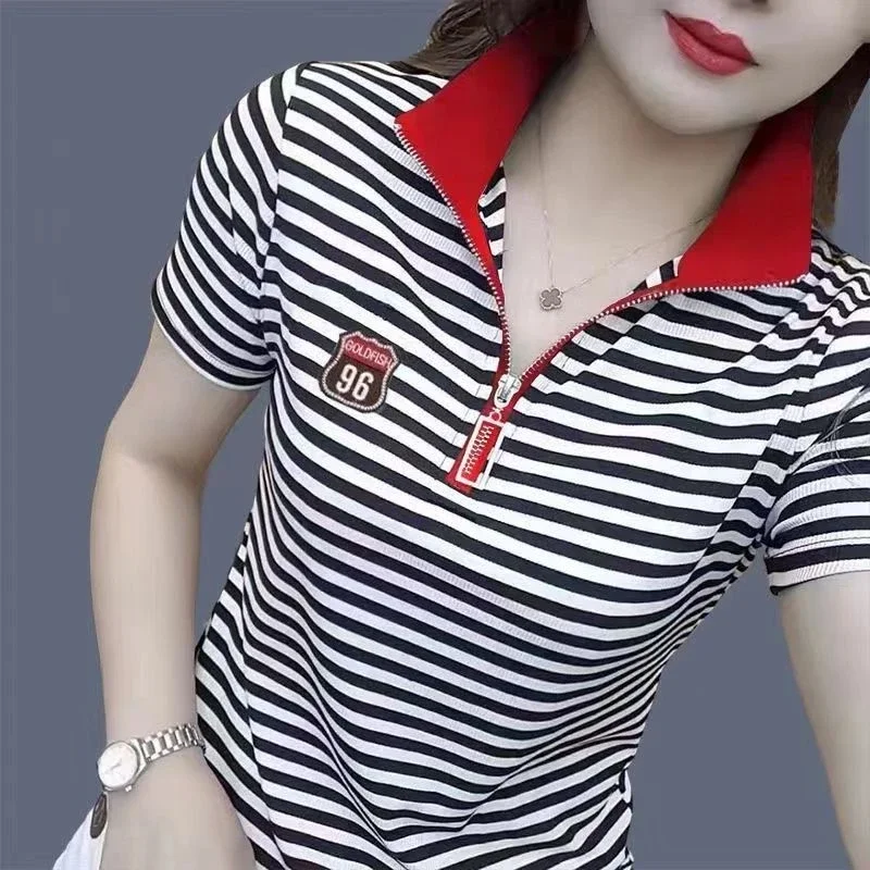 T-shirts Red Striped Women\'s Polo Baggy Clothing Trend 2025 Synthetic Summer Female Tee Youthful Elegant New Korean Cheap Tops