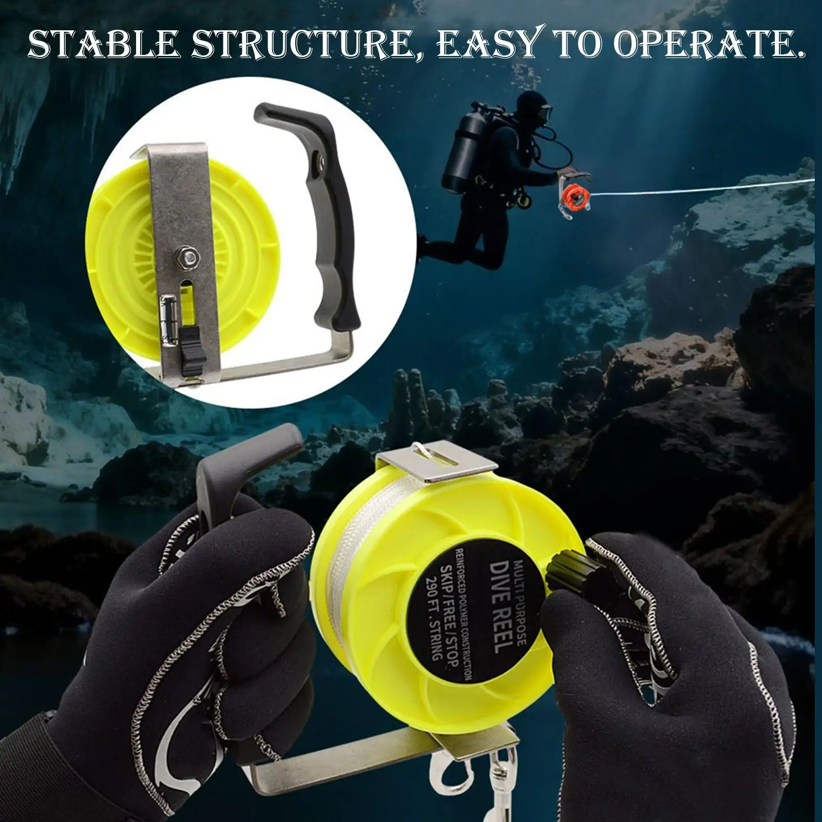 290ft Dive Reel with Adjustable Nylon Line Ergonomic Puller for Snorkeling Spearfishing, Underwater Boat Beach Use, Water Sports