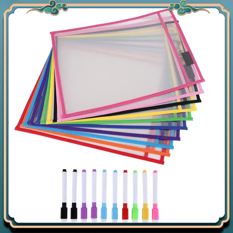 (新品)-ドライイレースポケットスリーブ、(10パック) A4用紙ジョブチケットホルダー、教室用ワークシート用の再利用可能なドライイレースシート