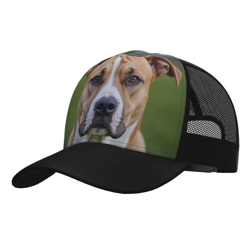 

American Staffordshire Terrier Dog Custom Sun Hat Flat Brim Cap Breathable Logo Headgear Mesh Name Animal Trucker Number Driver