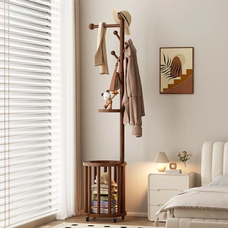 Hanger Floor Bedroom Removable Household Dirty Basket Shelf Solid Wood Hanging Hanger Multifunctional Bedside Coat Rack