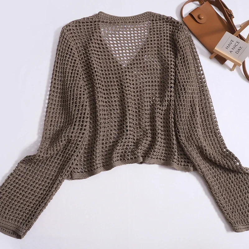 

Hollow Out Sunscreen Cardigan Women New Long Sleeve One Button Thin Knit Tops Korean Solid Trend Outwear Sweater