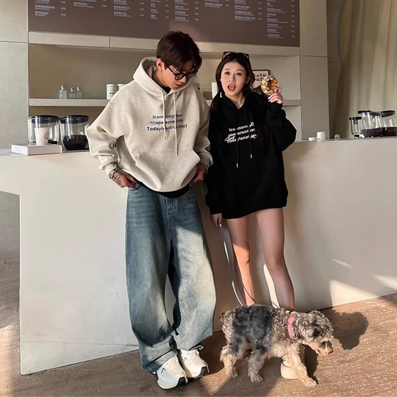 2025年秋 ハイストリート レタープリント コットン パーカー メンズ カジュアル Y2K ヴィンテージ フード付き スウェットシャツ ポケット プルオーバー パーカー