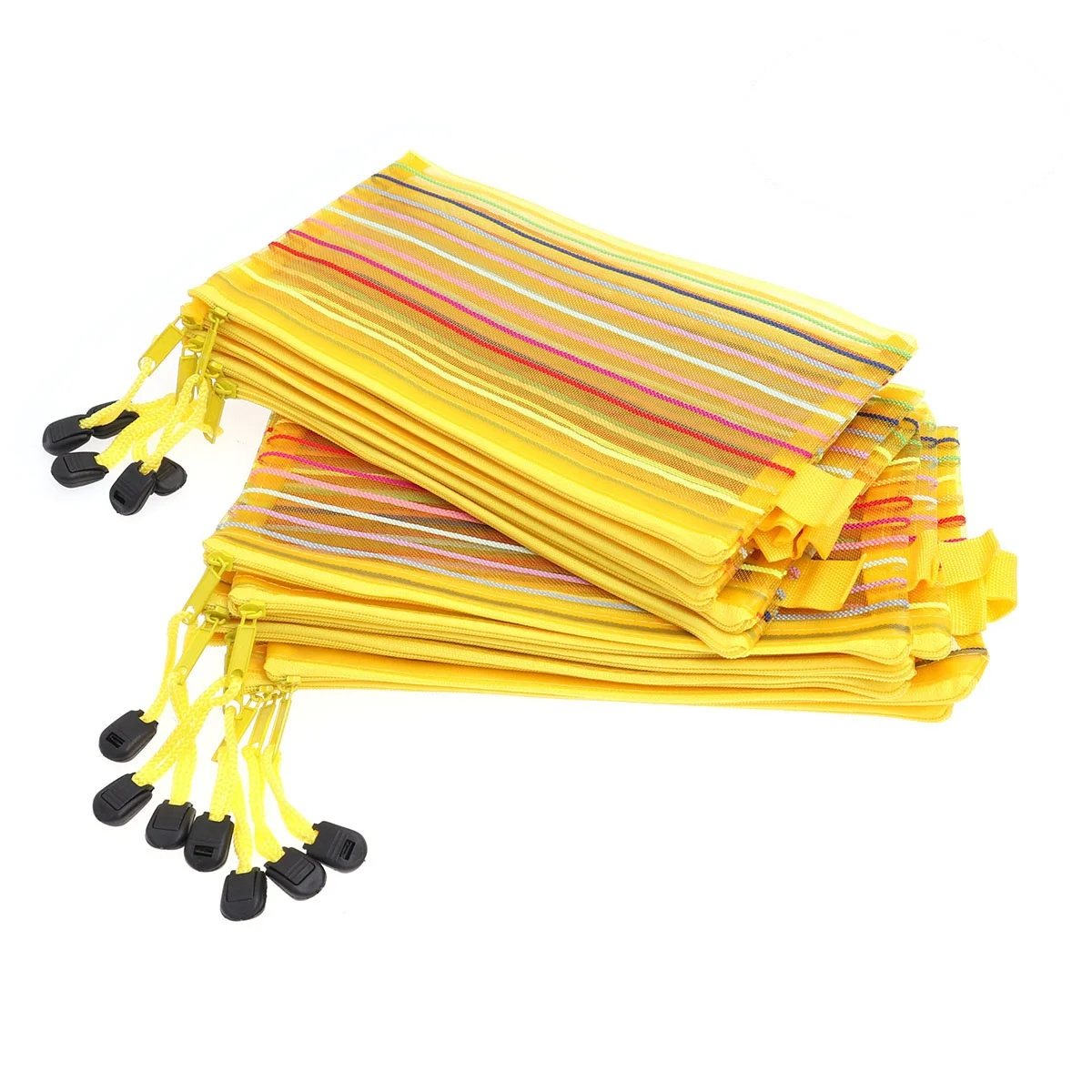 

12pcs Mesh Storage Bag Nylon Zipper Pencil Case Yellow Rainbow Stripes Pouch Lightweight Travel ganizer Student Folder