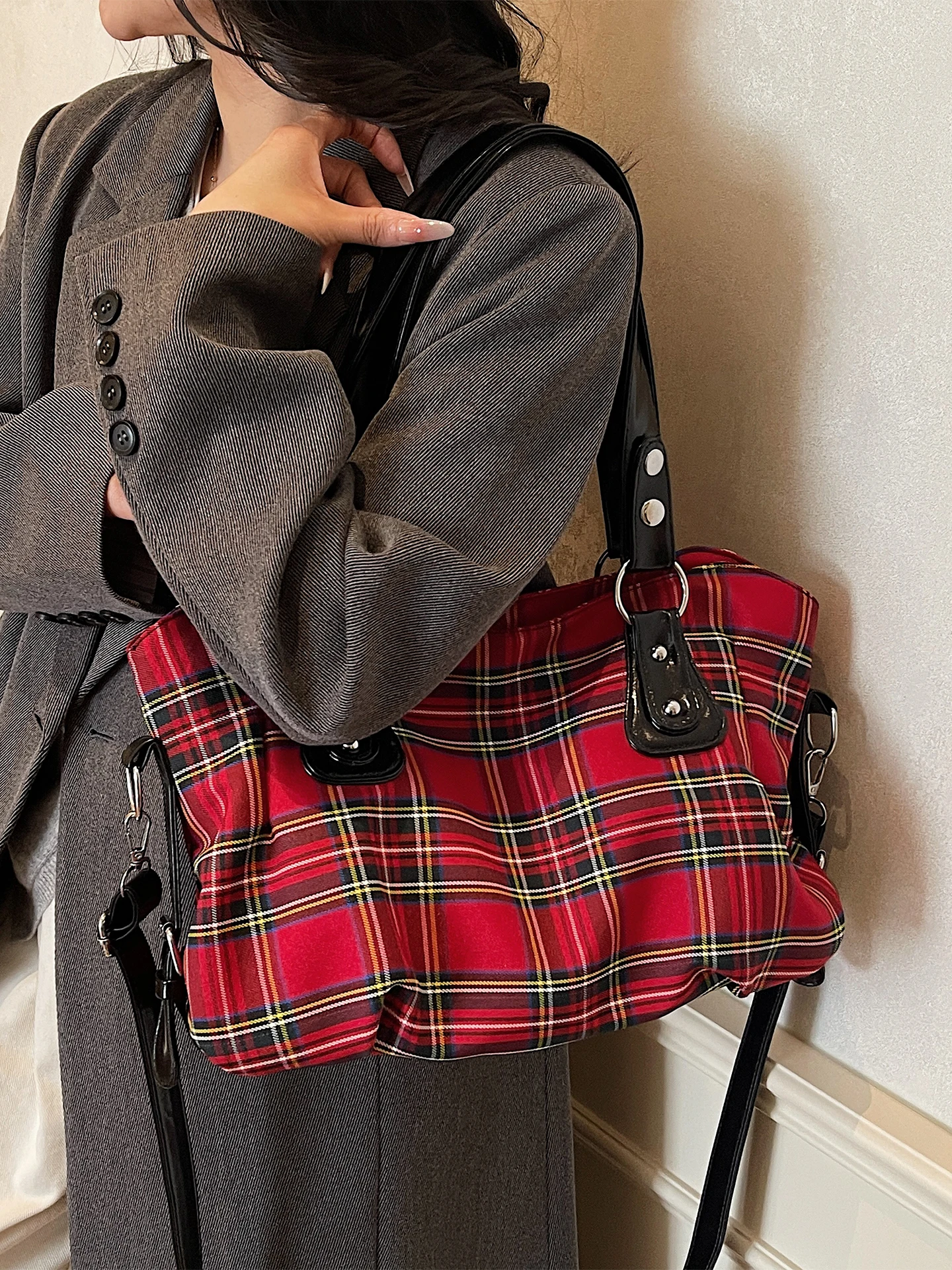 

Trendy Red Plaid Tote Bag Women's Large Capaci oulder Bag for Students Class Casual Simple Sle Handbag Daily Use
