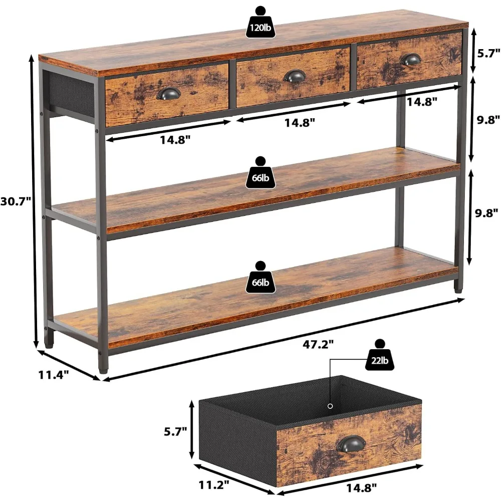 Table d'entrée avec étagères de rangement à 3 niveaux, canapé console, longue, 47 po, 3 portes extérieures de proximité