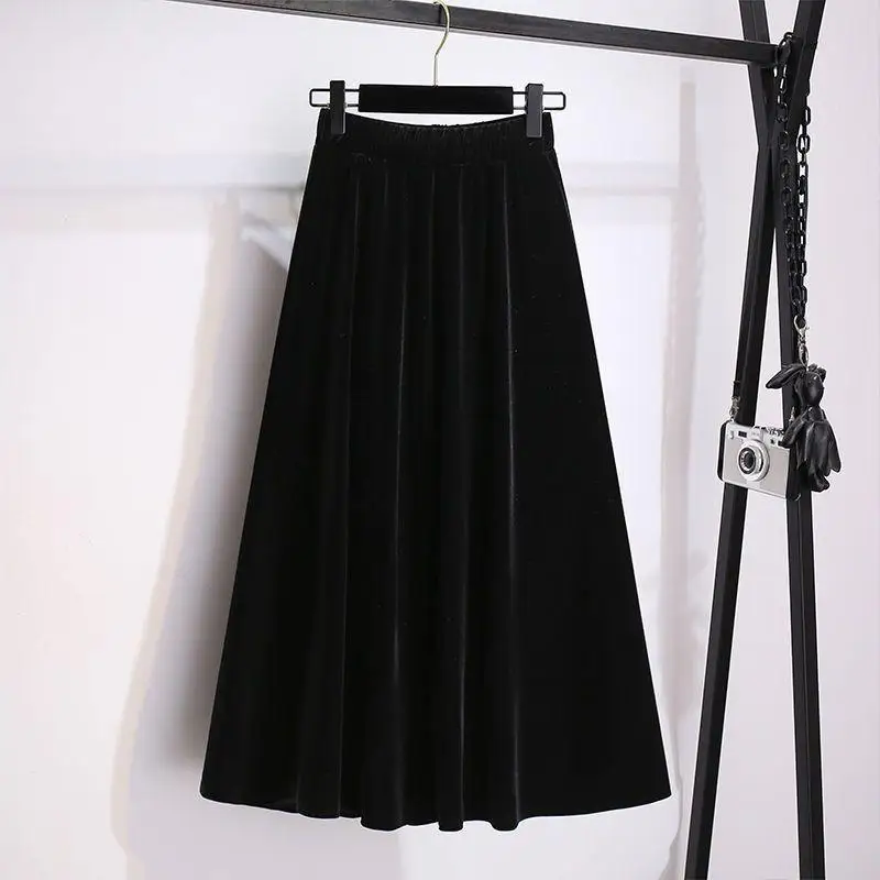 

High Waist A-Line Velvet Half Skirt Women's plus Size Base Layer Skirt Slimming Long Skirt Autumn Winter Commute Style