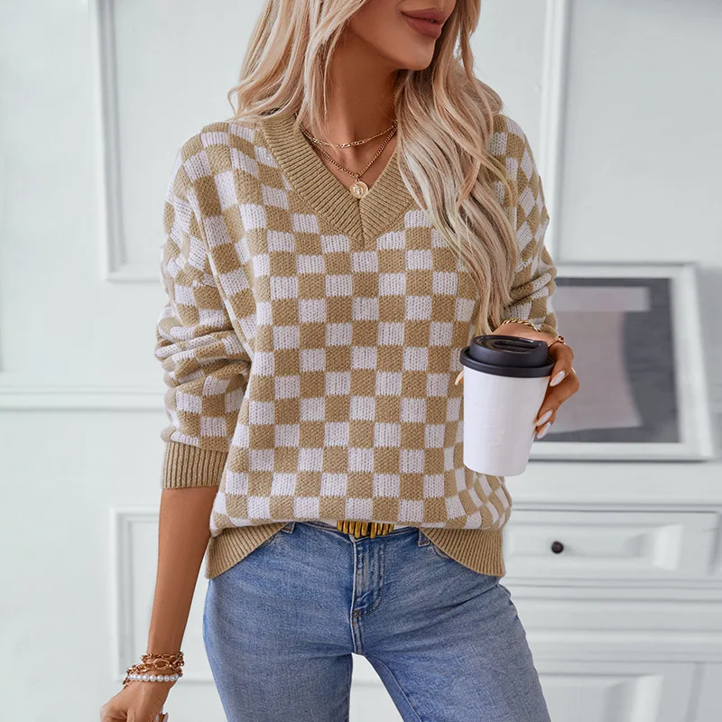 V-neck pullover check women's sweater Autumn/winter new casual loose long-sleeved sweater