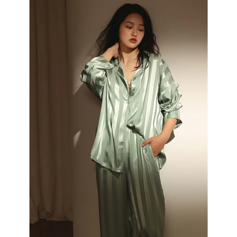 Women\'s Spring and Fall Two-Piece Set Pajamas Ice Silk Fashion Striped Simple Casual Temperament Sweet Homewear Ladies Clothes