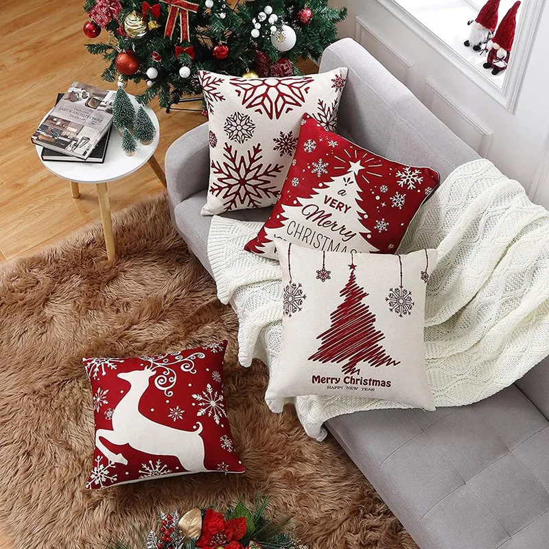 Christmas Pillow Covers 18X18 Set Of 4,Farmhouse Christmas Decor For Home,Xmas Decorations Throw Cushion Case For Home