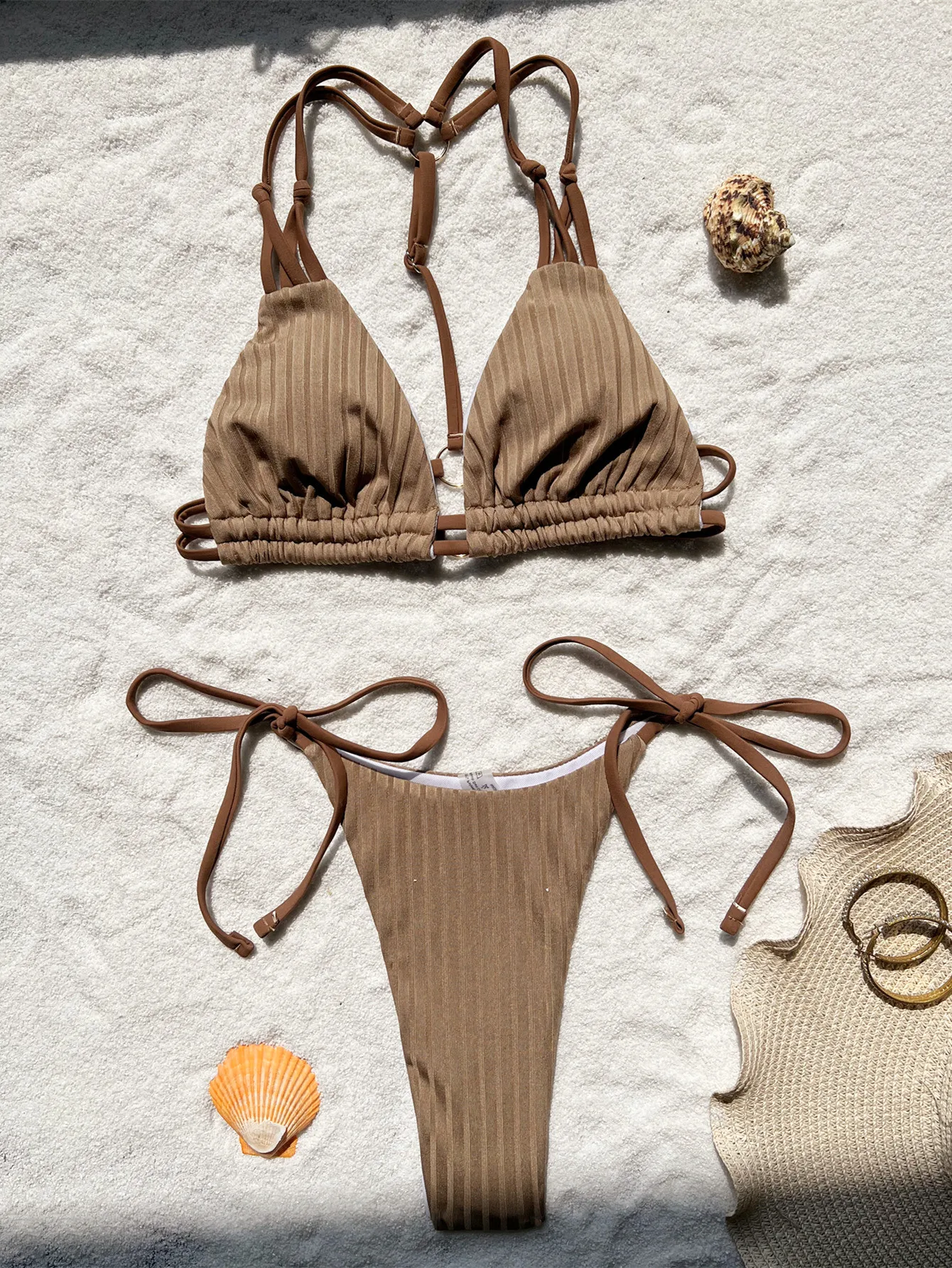 Maillot de bain deux pièces rainuré avec nœud papillon, sexy, café, ensemble, anneau, dos nu, string, vêtements de plage, solide