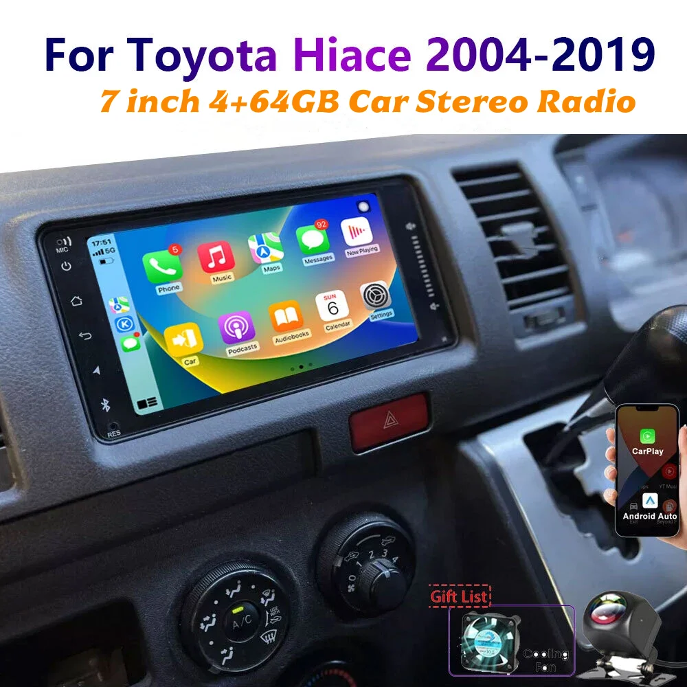Apple Carplay Android Auto Head Unit 7 inch 4+64GB Car Stereo Radio For Toyota Hiace 2004-2019 GPS Navi+ Rear Camera