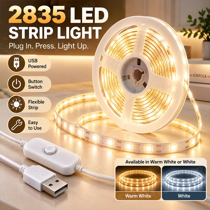 USB LED Strip Lights Button Switch One Key Control Flexible Cuttable Self-Adhesive For Bedroom Kitchen Home Atmosphere Lighting