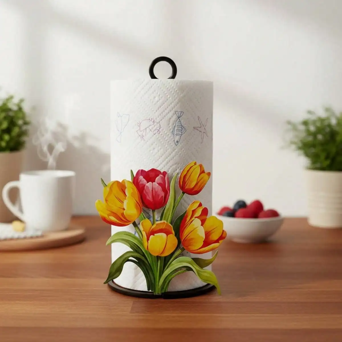 

47cm Black Metal Paper Towel Holder, Rotating Freestanding Countertop Tulip Flower Kitchen Roll Stand