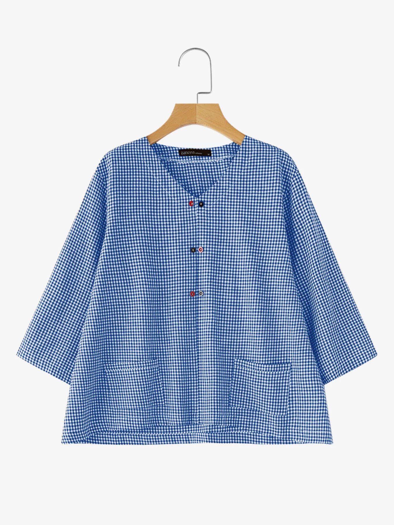 

ZANZEA 2025 Autumn Shirt Fashion Tunic Casual Loose Women Blouse Checked Printed Pocket 3/4 Sleeve Round Neck Tops Blusas Femme