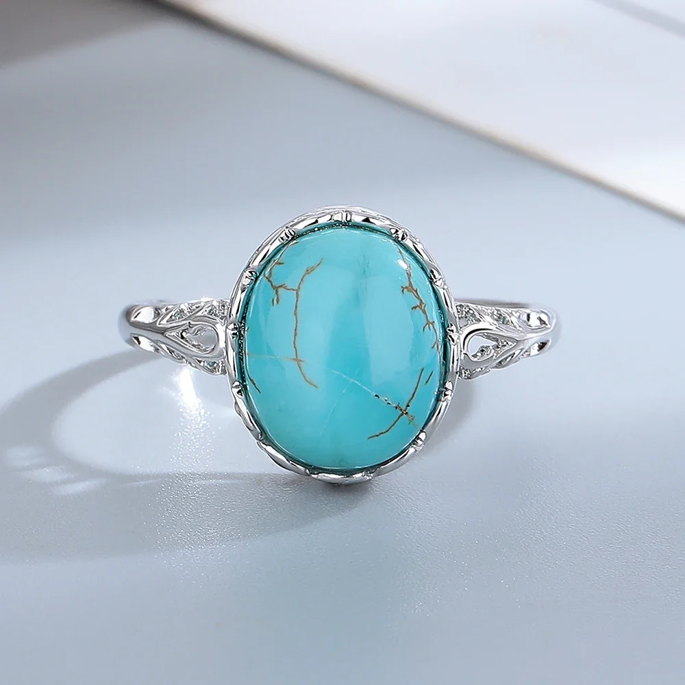 925 Sterling Silver Jewelry Ring 10*12MM Round Natural Moonstone Turquoise Agate Stone Vintage Ring For Women Party Gifts