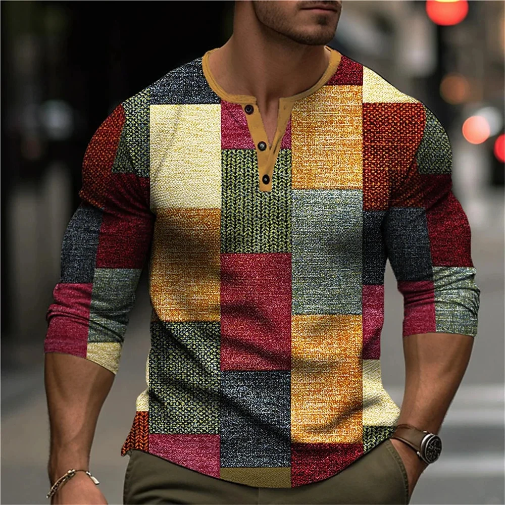 Autumn Color Block Patchwork 3D Print Henley Shirts Men's Fashion Vintage Button-Down Long Sleeve T Shirt Man Tees Tops Clothing