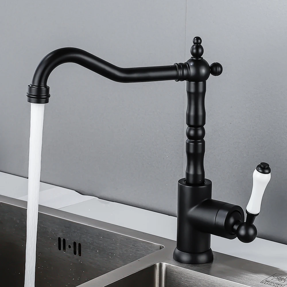 

Kitchen Faucet Black Deck Mounted Water Mixer Tap Hot And Cold 360 Degree Rotate Brass Kitchen Sink Mixer Taps ZR252