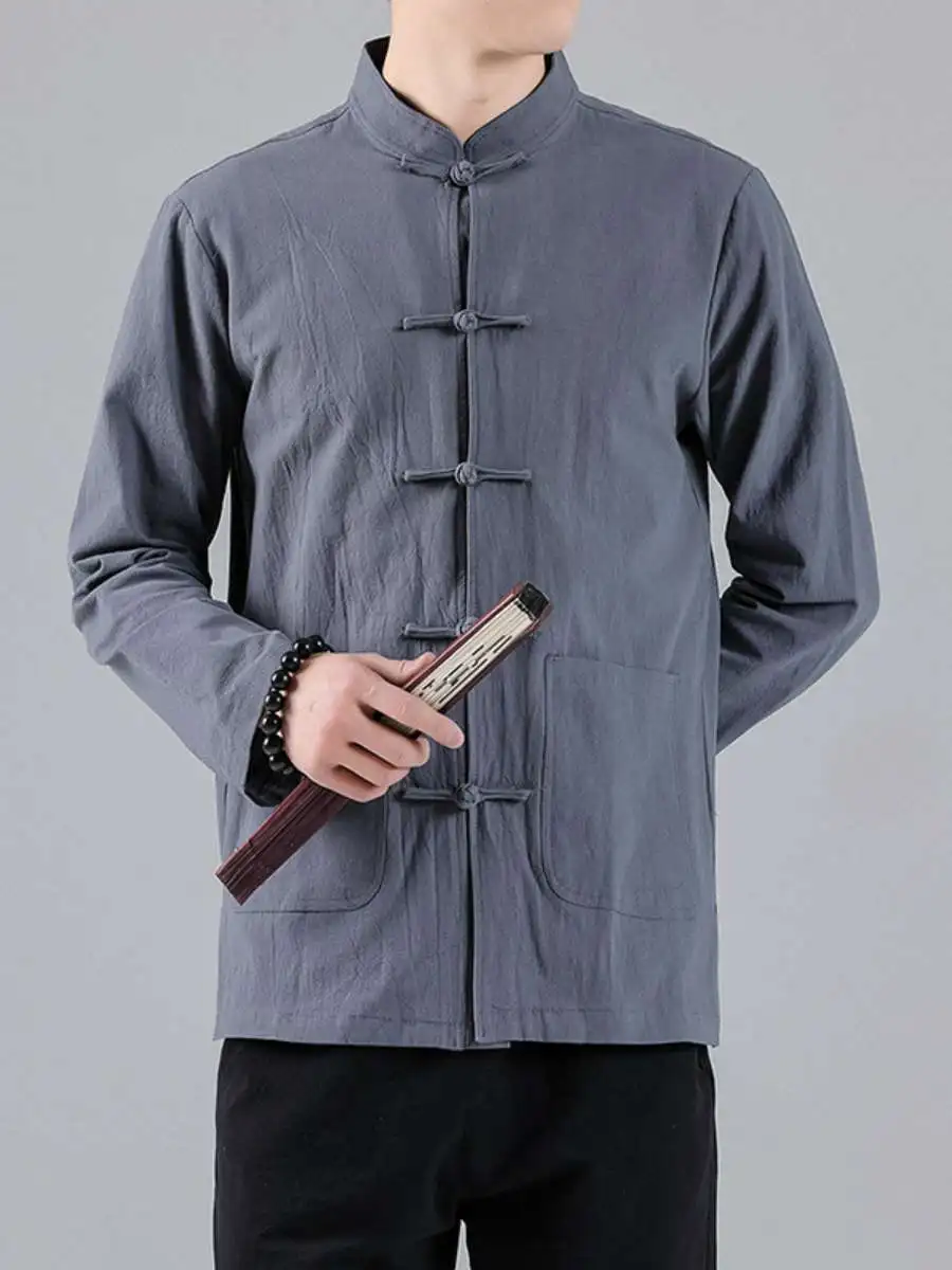 

Мужской кардиган в стиле ретро из хлопка и льна, с пуговицами, в китайском стиле, свободного кроя, однотонный, для весны и осени