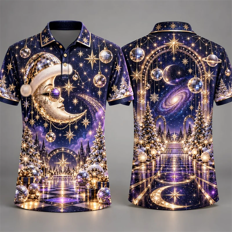 Mens Starry Night Moon Christmas Polo Shirt Short Sleeve Lapel Tee Disco Mirror Ball Galaxy Holiday Casual tshirt For Men