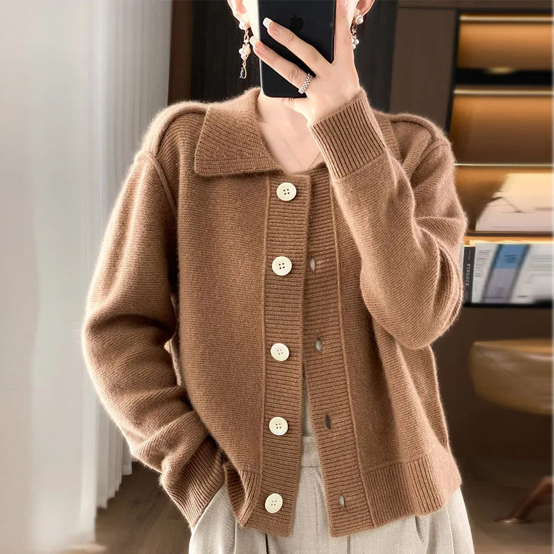 100% Merino Wool Coat Women\'s Clothing Lapel Cardigan Autumn Winter New Tops Fashionable Korean Loose Knit Shirt Long Sleeves