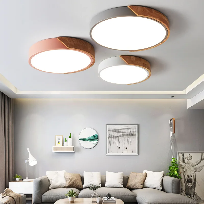 Nordic Colorful Wood LED Ceiling Lights Modern Living Room Bedroom Ceiling Lamps Round Plafond Lamp Home Decor Luminaria