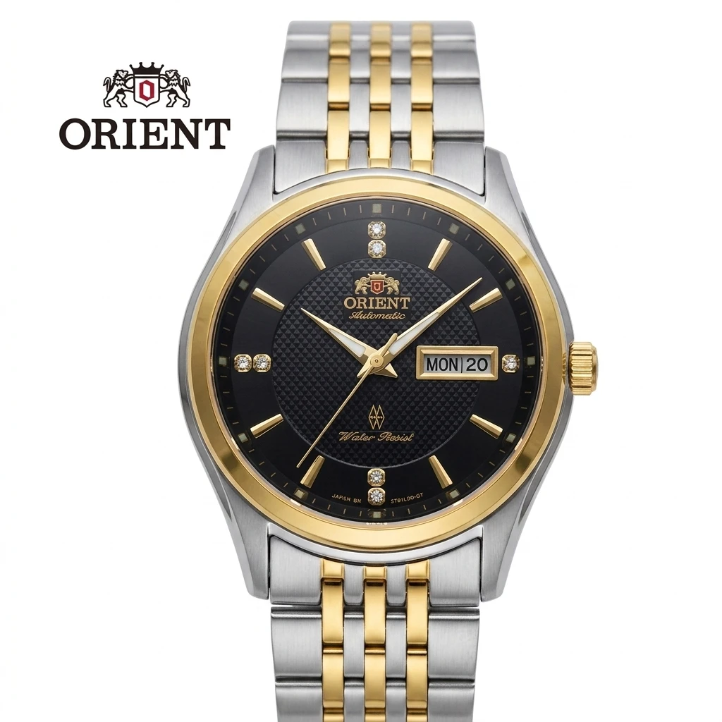 Orient Men Business Automatic Mechanical Watch, Dual Calendar Week Display Crystal Hour Markers Stainless Steel Band Wristwatch