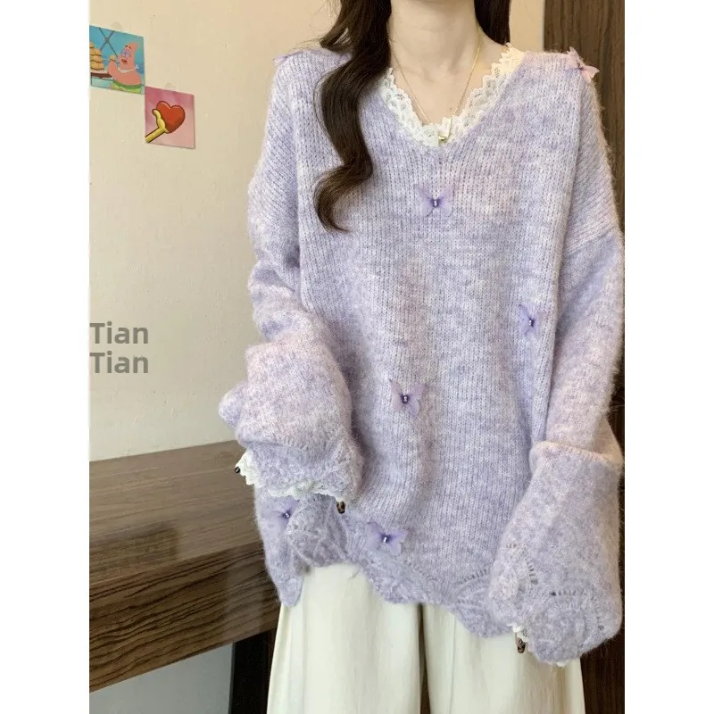 الخريف الشتاء ارتداء حجم كبير الدانتيل الفرنسي محبوك سترة المرأة موضة لينة مريحة قاعدة طبقة الخامس الرقبة فضفاضة التخسيس